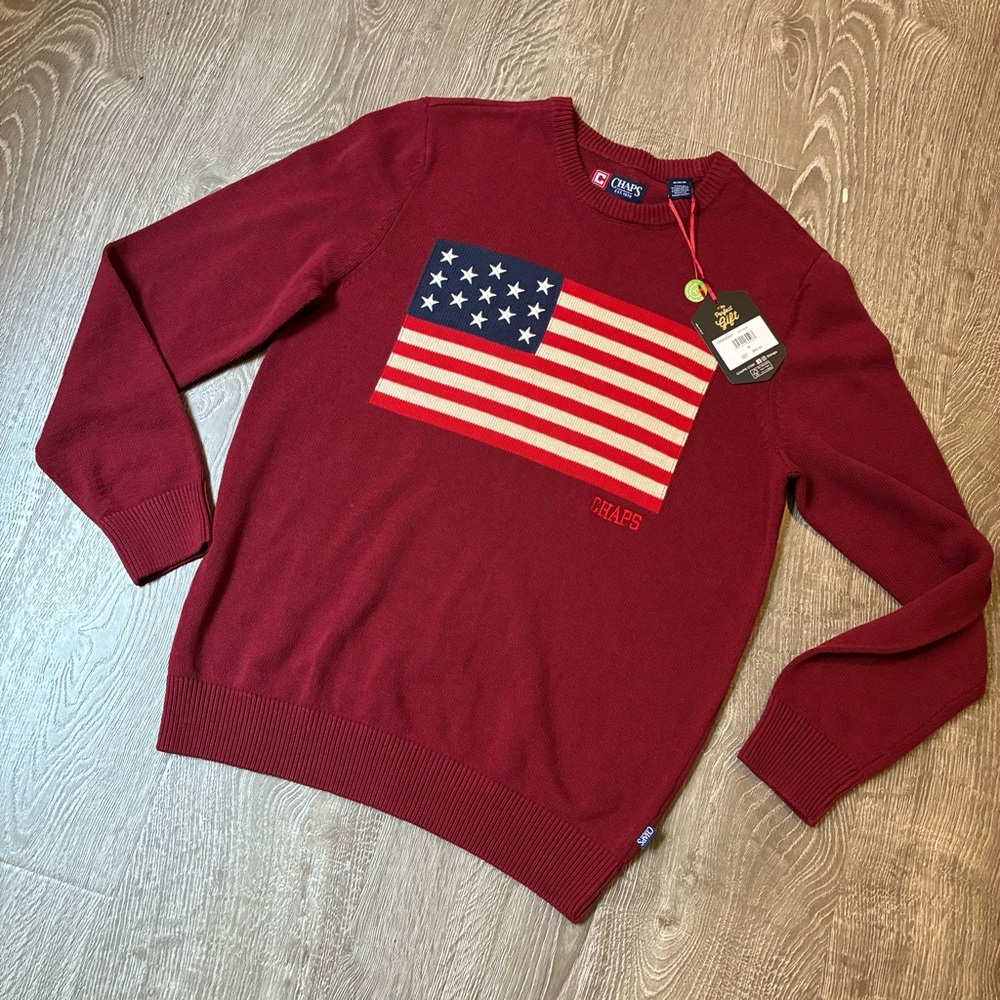Chaps American Flag Sweater Mens Medium Red NWT Cotton Americana